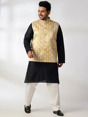 Men's Cotton Blend Black Kurta With White Pyjama & Printed Yellow Nehru Jacket
