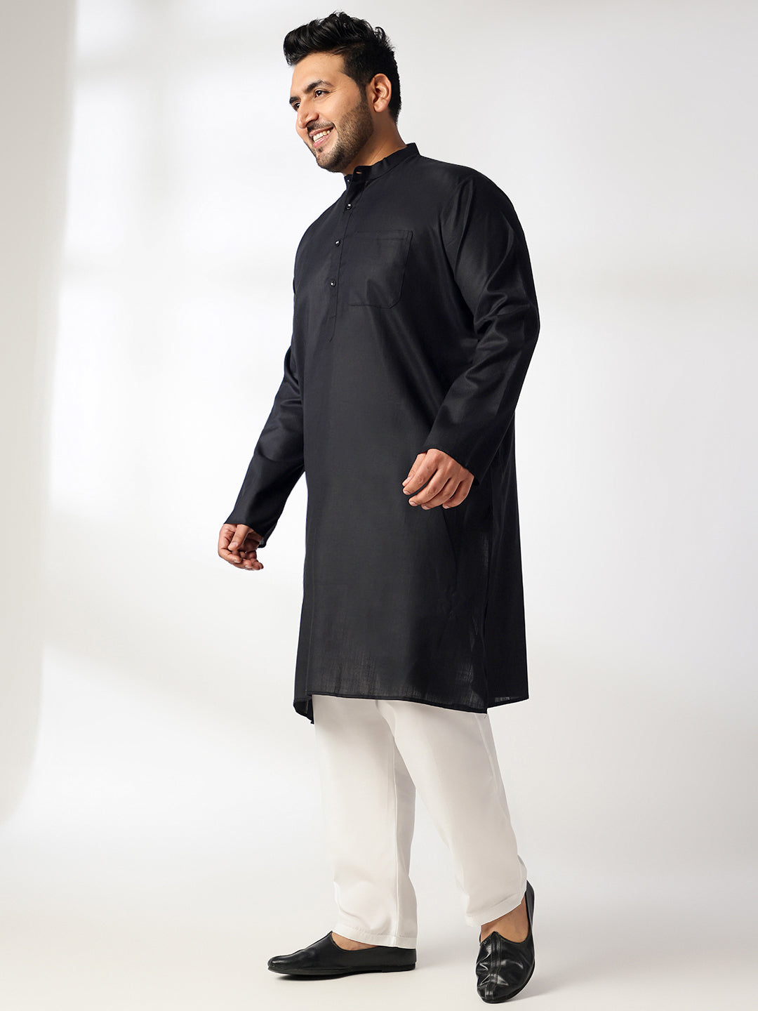 Men's Cotton Blend Black Kurta With White Pyjama & Printed Yellow Nehru Jacket