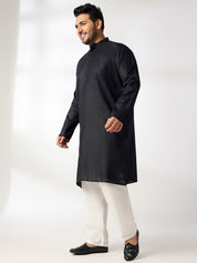 Men's Cotton Blend Black Kurta With White Pyjama & Printed Yellow Nehru Jacket