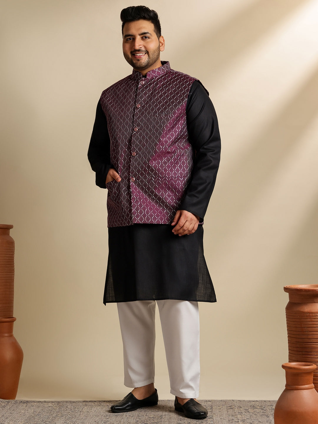 Men's Cotton Blend Black Kurta With White Pyjama & Wine Nehru Jacket