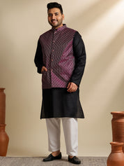 Men's Cotton Blend Black Kurta With White Pyjama & Wine Nehru Jacket