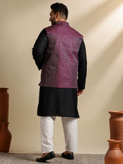 Men's Cotton Blend Black Kurta With White Pyjama & Wine Nehru Jacket