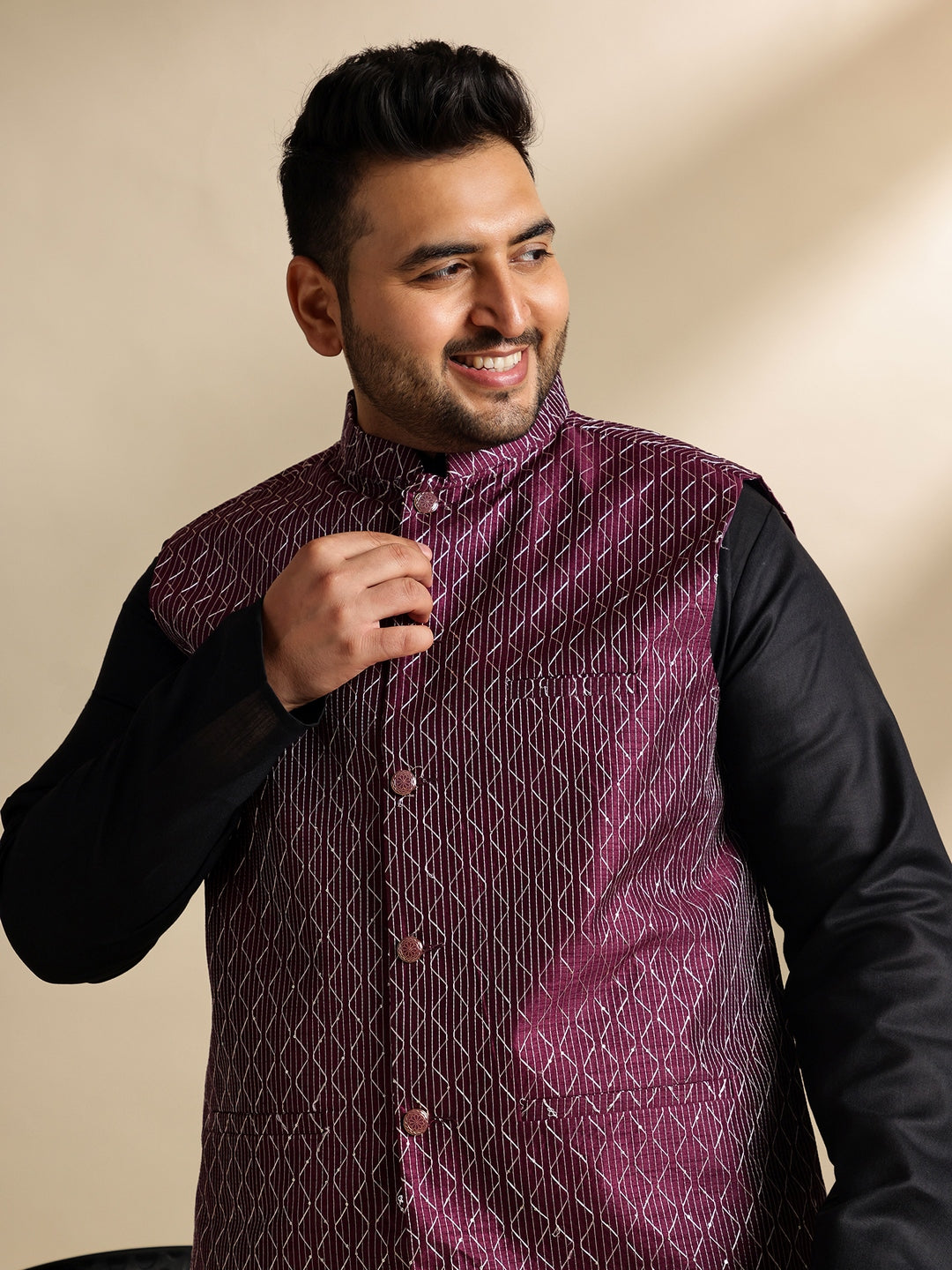 Men's Cotton Blend Black Kurta With White Pyjama & Wine Nehru Jacket