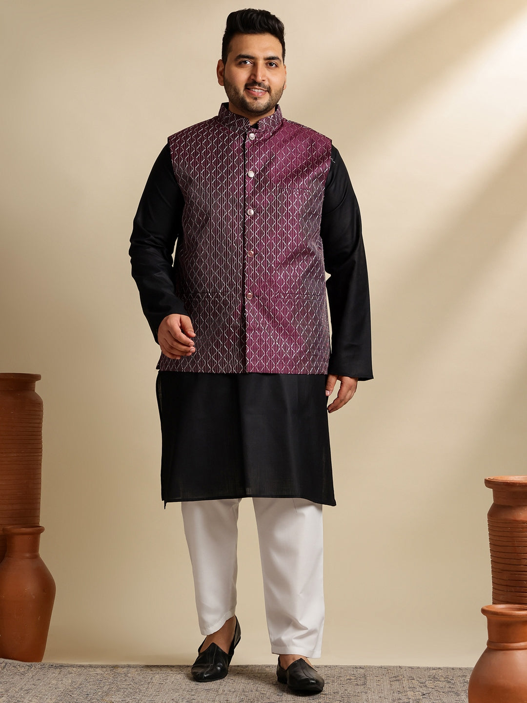 Men's Cotton Blend Black Kurta With White Pyjama & Wine Nehru Jacket