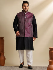Men's Cotton Blend Black Kurta With White Pyjama & Wine Nehru Jacket