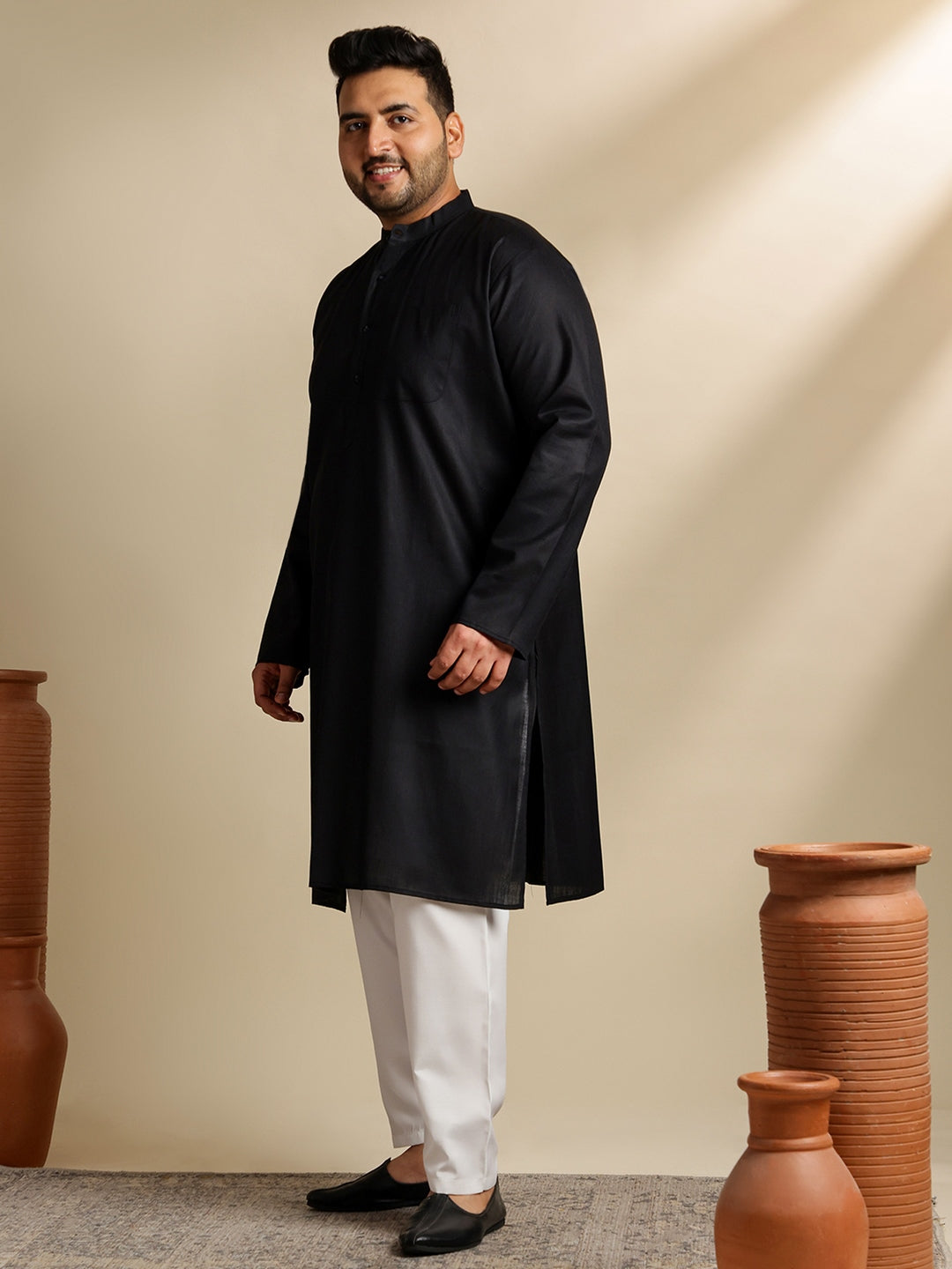 Men's Cotton Blend Black Kurta With White Pyjama & Wine Nehru Jacket