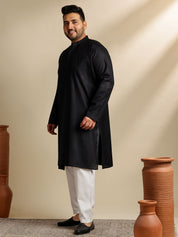 Men's Cotton Blend Black Kurta With White Pyjama & Wine Nehru Jacket