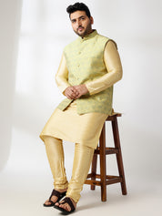 Men's Silk Blend Gold Kurta & Pyjama With Jacquard Silk Yellow Nehru Jacket