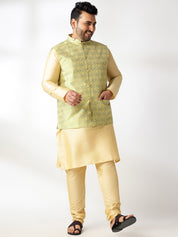 Men's Silk Blend Gold Kurta & Pyjama With Jacquard Silk Yellow Nehru Jacket