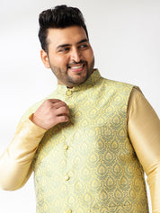 Men's Silk Blend Gold Kurta & Pyjama With Jacquard Silk Yellow Nehru Jacket