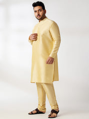 Men's Silk Blend Gold Kurta & Pyjama With Jacquard Silk Yellow Nehru Jacket