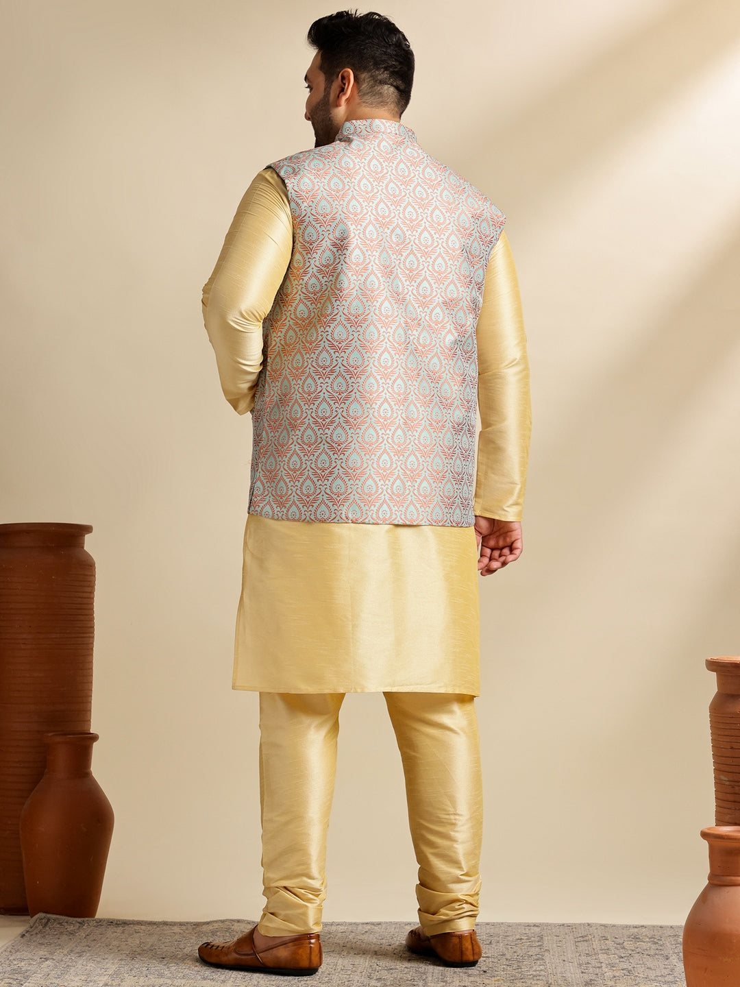 Men's Silk Blend Gold Kurta & Pyjama With Jacquard Silk Green Nehru Jacket