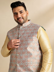 Men's Silk Blend Gold Kurta & Pyjama With Jacquard Silk Green Nehru Jacket