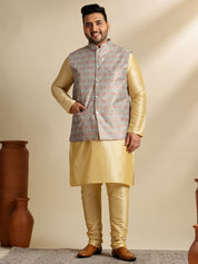 Men's Silk Blend Gold Kurta & Pyjama With Jacquard Silk Green Nehru Jacket