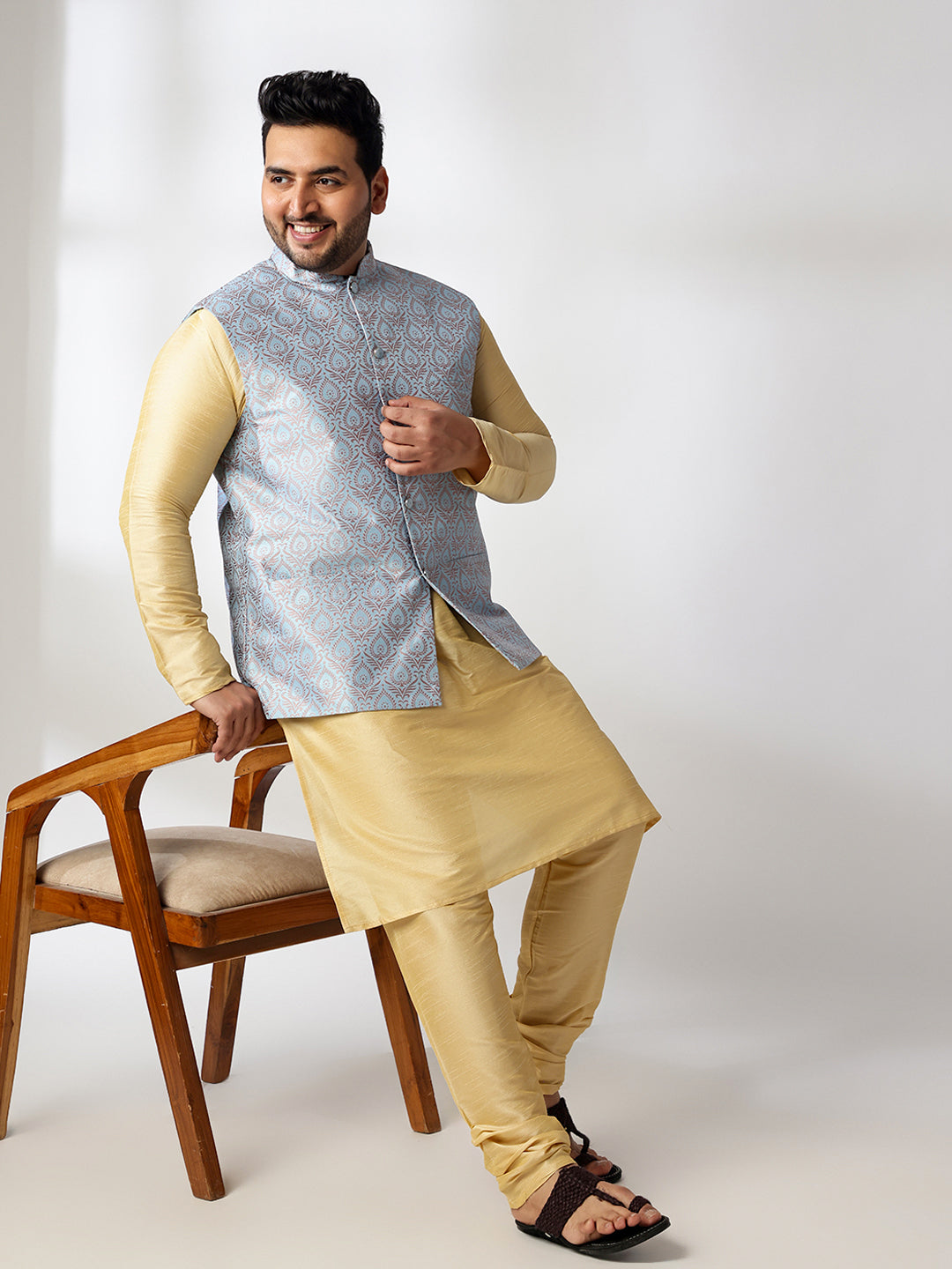 Men's Silk Blend Gold Kurta & Pyjama With Jacquard Silk Blue Nehru Jacket