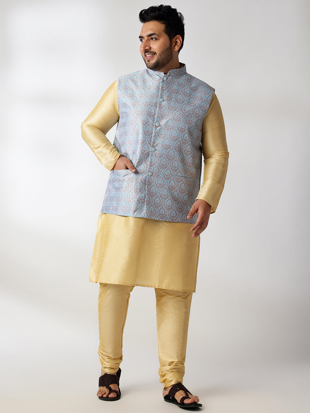 Men's Silk Blend Gold Kurta & Pyjama With Jacquard Silk Blue Nehru Jacket