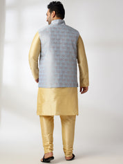 Men's Silk Blend Gold Kurta & Pyjama With Jacquard Silk Blue Nehru Jacket