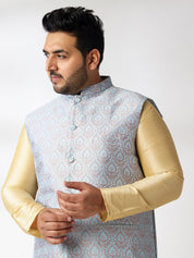 Men's Silk Blend Gold Kurta & Pyjama With Jacquard Silk Blue Nehru Jacket
