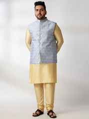 Men's Silk Blend Gold Kurta & Pyjama With Jacquard Silk Blue Nehru Jacket