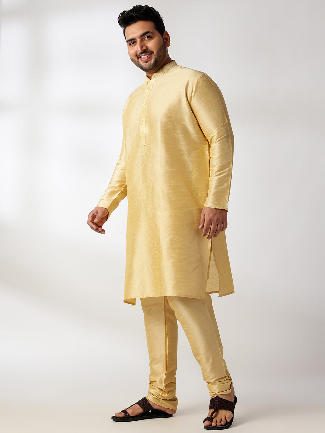 Men's Silk Blend Gold Kurta & Pyjama With Jacquard Silk Blue Nehru Jacket