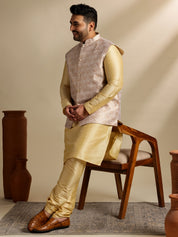 Men's Silk Blend Gold Kurta & Pyjama With Jacquard Silk Cream Nehru Jacket