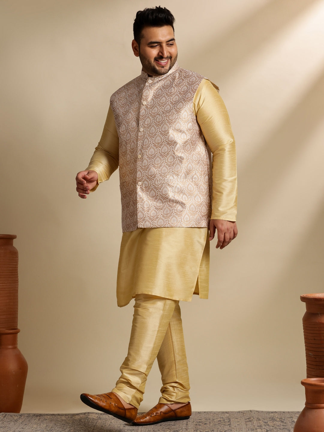 Men's Silk Blend Gold Kurta & Pyjama With Jacquard Silk Cream Nehru Jacket