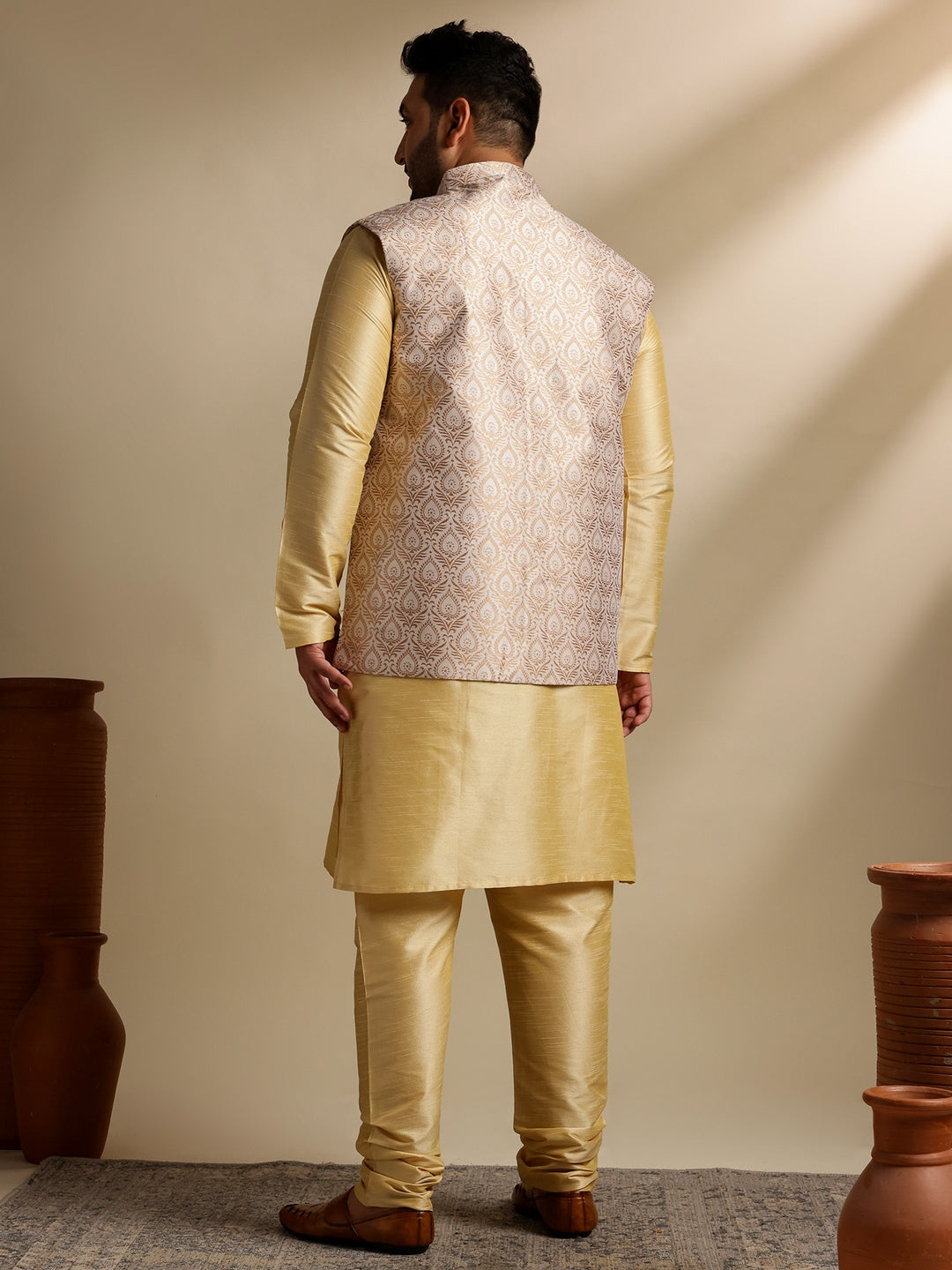 Men's Silk Blend Gold Kurta & Pyjama With Jacquard Silk Cream Nehru Jacket