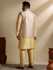 Men's Silk Blend Gold Kurta & Pyjama With Jacquard Silk Cream Nehru Jacket