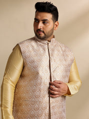 Men's Silk Blend Gold Kurta & Pyjama With Jacquard Silk Cream Nehru Jacket