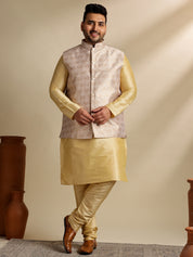 Men's Silk Blend Gold Kurta & Pyjama With Jacquard Silk Cream Nehru Jacket