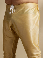 Men's Silk Blend Gold Kurta & Pyjama With Jacquard Silk Cream Nehru Jacket