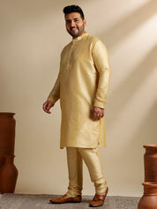 Men's Silk Blend Gold Kurta & Pyjama With Jacquard Silk Cream Nehru Jacket