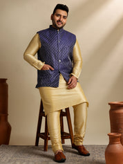 Men's Silk Blend Gold Kurta & Pyjama With Embroidered Navy Nehru Jacket