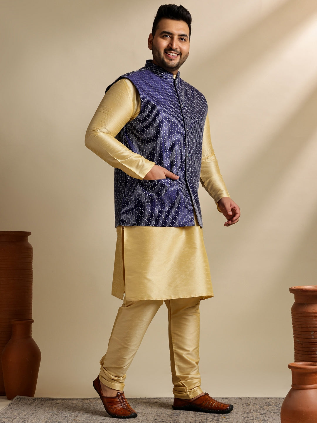 Men's Silk Blend Gold Kurta & Pyjama With Embroidered Navy Nehru Jacket