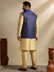 Men's Silk Blend Gold Kurta & Pyjama With Embroidered Navy Nehru Jacket