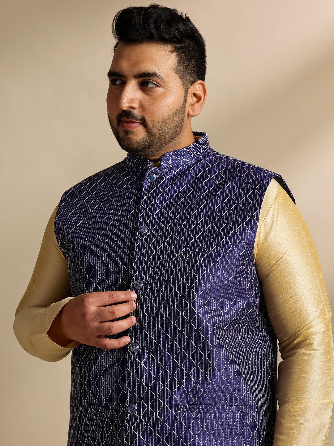 Men's Silk Blend Gold Kurta & Pyjama With Embroidered Navy Nehru Jacket