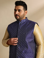 Men's Silk Blend Gold Kurta & Pyjama With Embroidered Navy Nehru Jacket