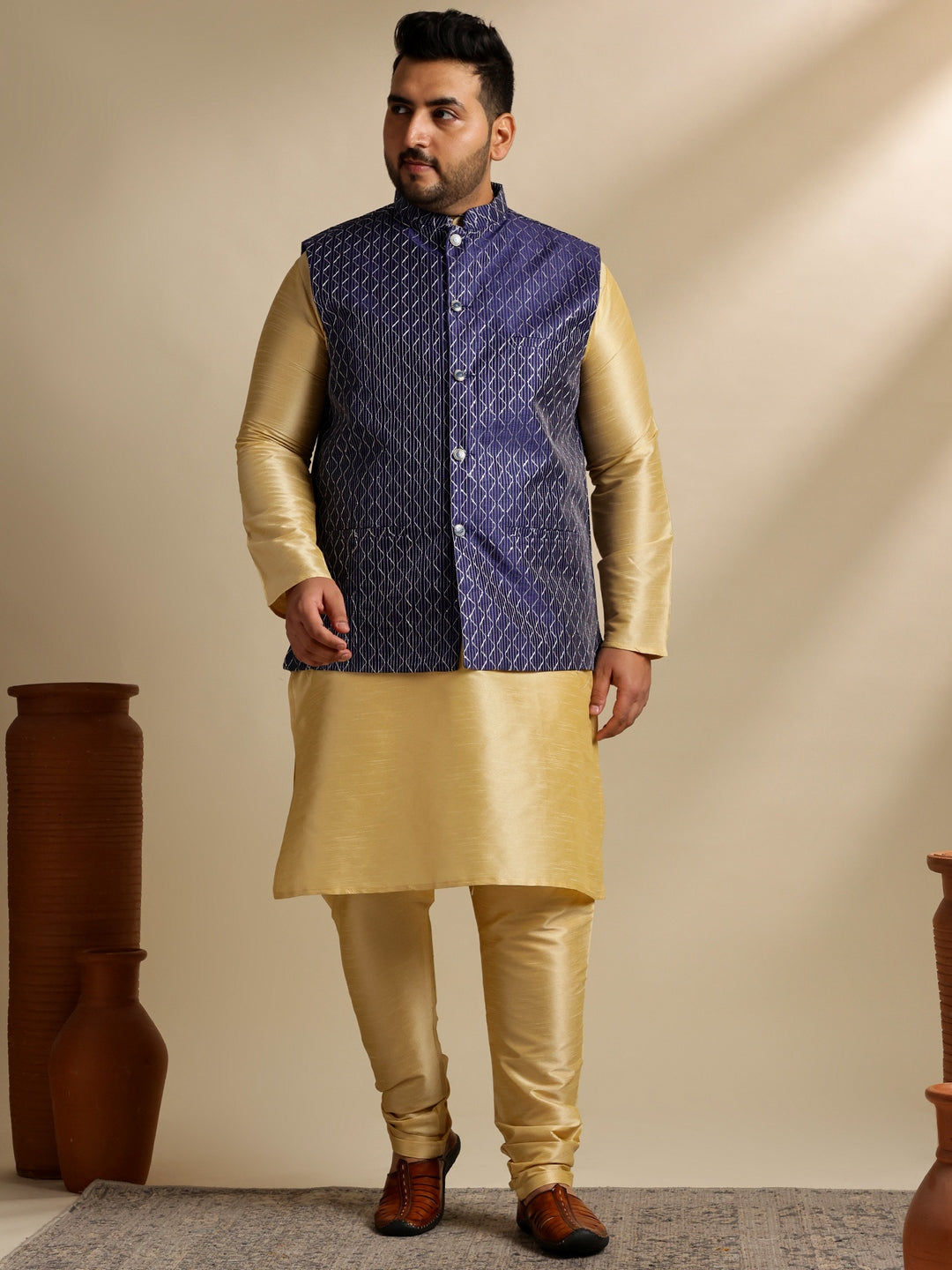 Men's Silk Blend Gold Kurta & Pyjama With Embroidered Navy Nehru Jacket