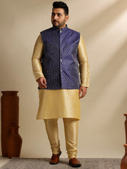 Men's Silk Blend Gold Kurta & Pyjama With Embroidered Navy Nehru Jacket