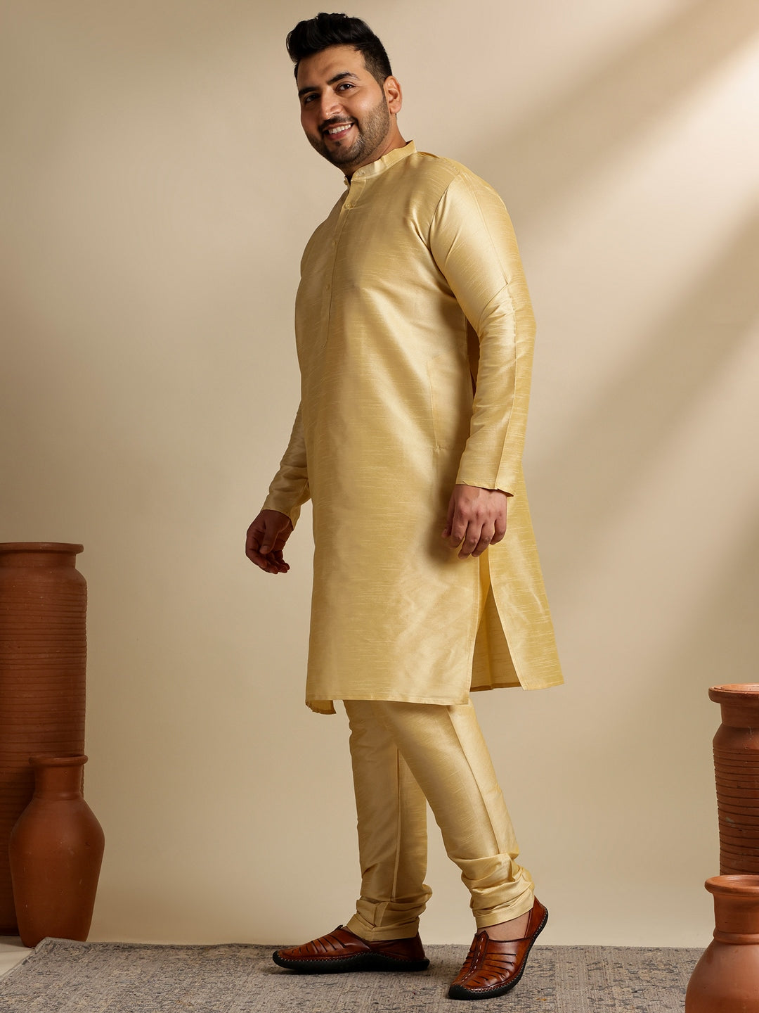 Men's Silk Blend Gold Kurta & Pyjama With Embroidered Navy Nehru Jacket