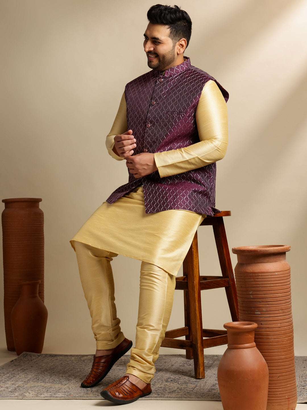 Men's Silk Blend Gold Kurta & Pyjama With Embroidered Wine Nehru Jacket
