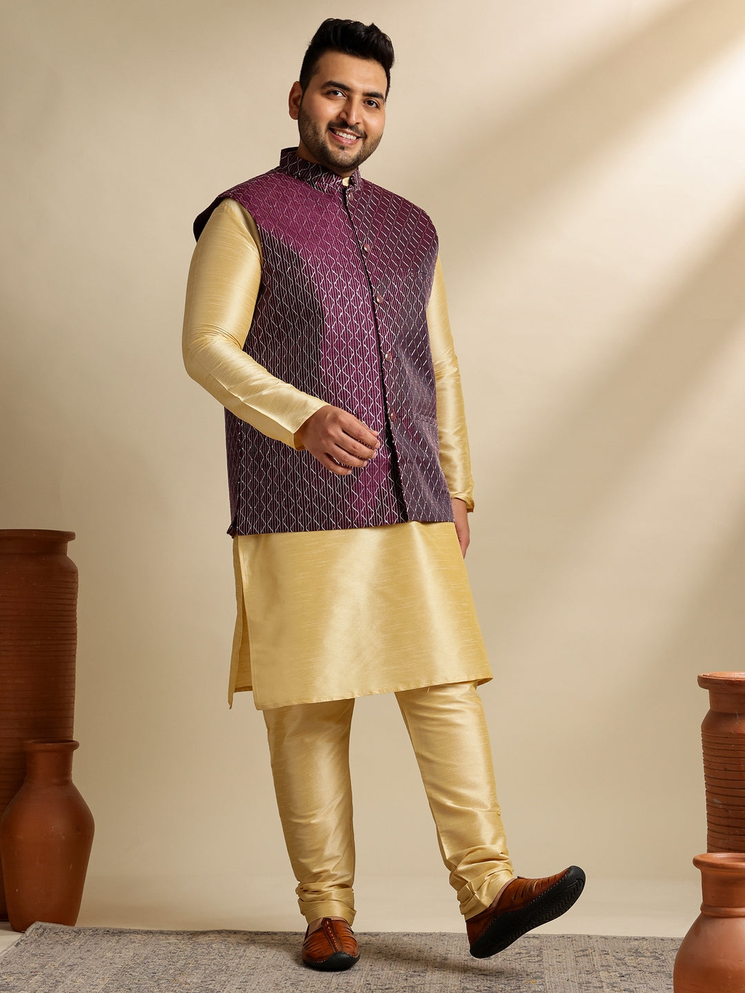 Men's Silk Blend Gold Kurta & Pyjama With Embroidered Wine Nehru Jacket