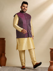 Men's Silk Blend Gold Kurta & Pyjama With Embroidered Wine Nehru Jacket