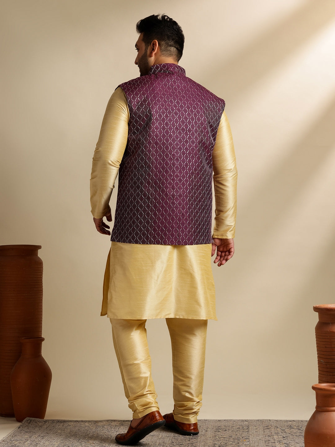Men's Silk Blend Gold Kurta & Pyjama With Embroidered Wine Nehru Jacket