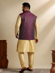 Men's Silk Blend Gold Kurta & Pyjama With Embroidered Wine Nehru Jacket