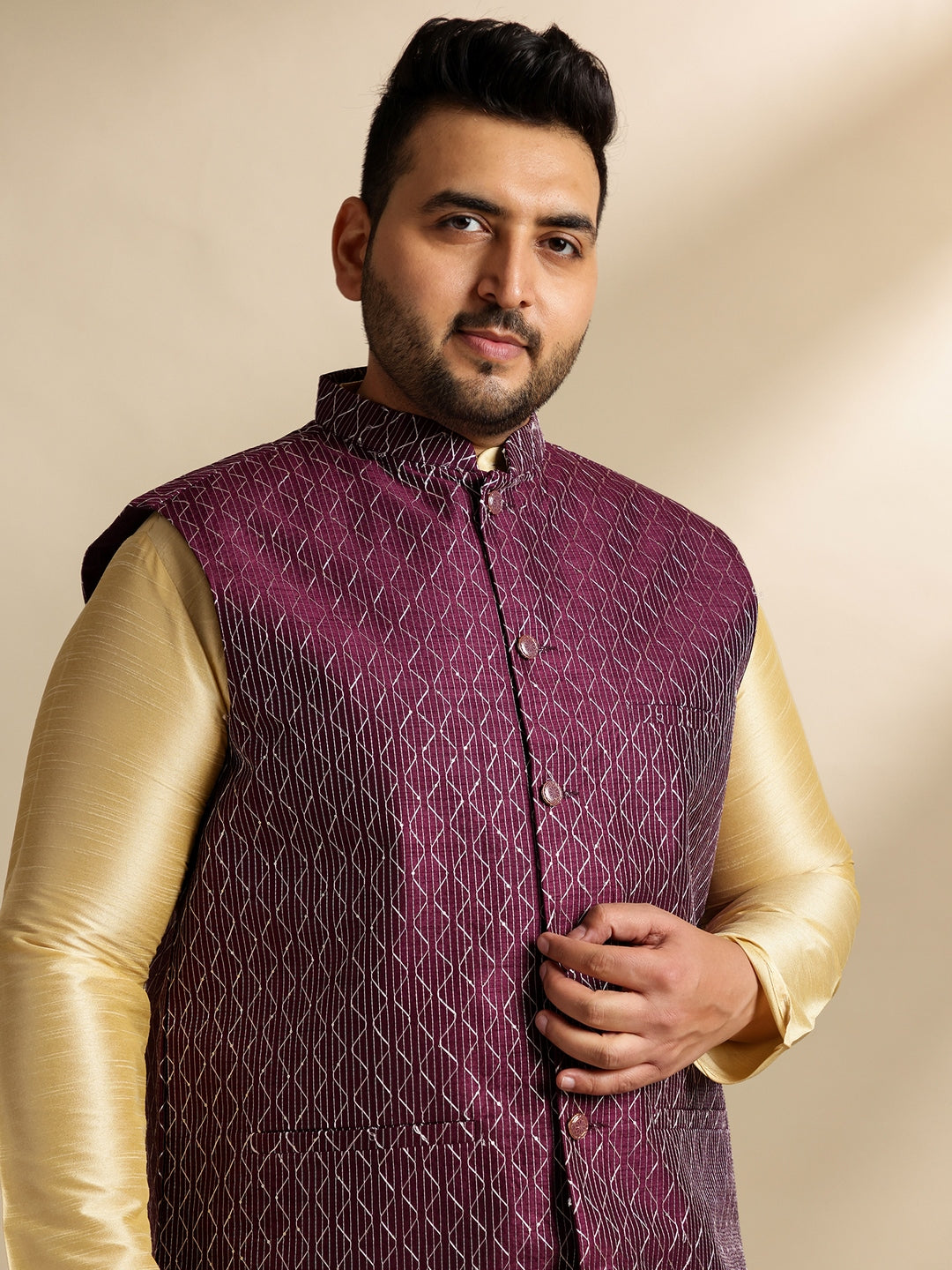Men's Silk Blend Gold Kurta & Pyjama With Embroidered Wine Nehru Jacket