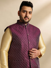 Men's Silk Blend Gold Kurta & Pyjama With Embroidered Wine Nehru Jacket