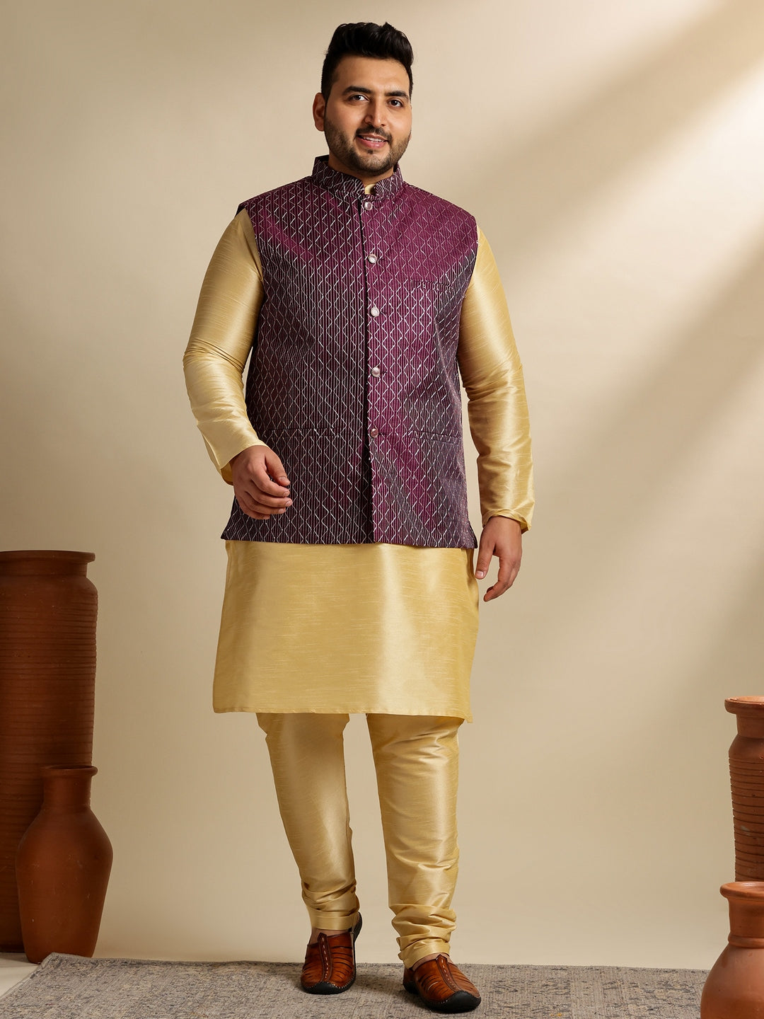 Men's Silk Blend Gold Kurta & Pyjama With Embroidered Wine Nehru Jacket