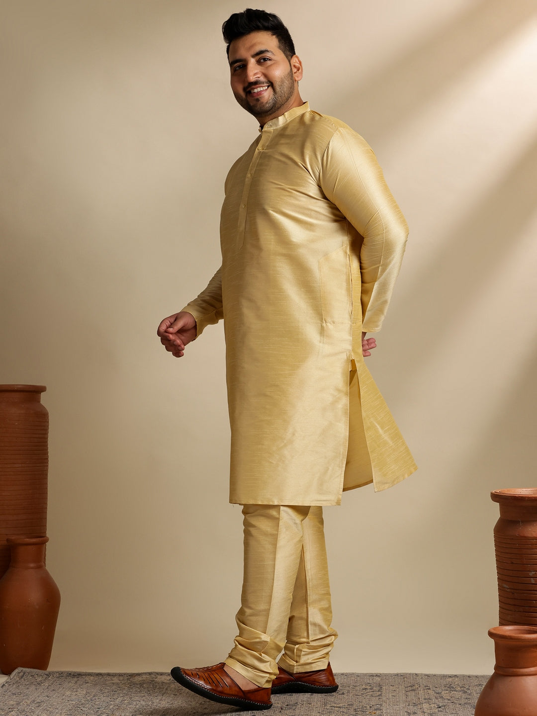 Men's Silk Blend Gold Kurta & Pyjama With Embroidered Wine Nehru Jacket