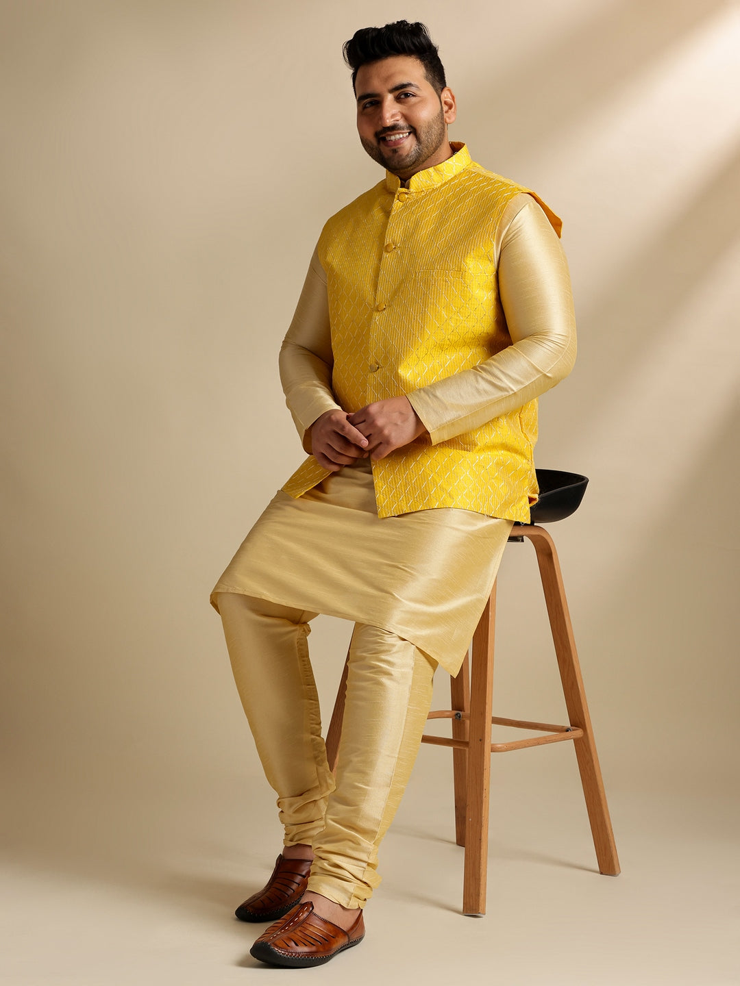 Men's Silk Blend Gold Kurta & Pyjama With Embroidered Yellow Nehru Jacket